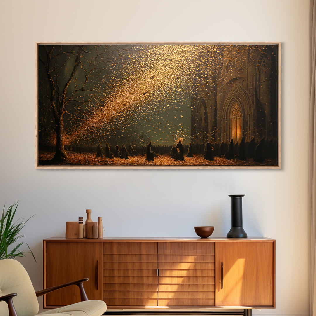 The Golden Bat Swarm - Procession Scene, Occult Wall Decor, Wide Panoramic Art, Canvas Print, Halloween Home Decor, Gothic Wall Art