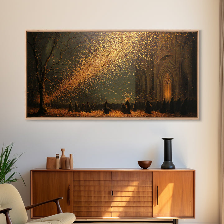 The Golden Bat Swarm - Procession Scene, Occult Wall Decor, Wide Panoramic Art, Canvas Print, Halloween Home Decor, Gothic Wall Art