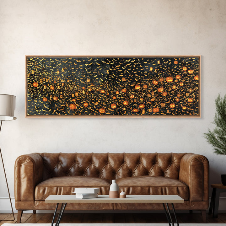 The Golden Bat Swarm - Procession Scene, Gothic Home Decor, Extra Wide Wall Art, Canvas Print, Halloween Home Decor, Gothic Wall Art