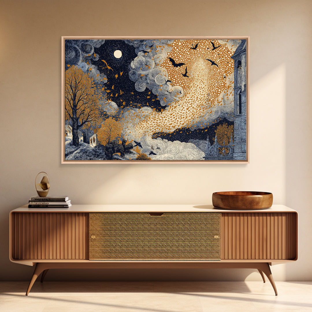 The Golden Bat Swarm - Surreal Celestial Vision, Occult Wall Decor, Landscape Wall Art, Canvas Print, Halloween Home Decor, Gothic Wall Art