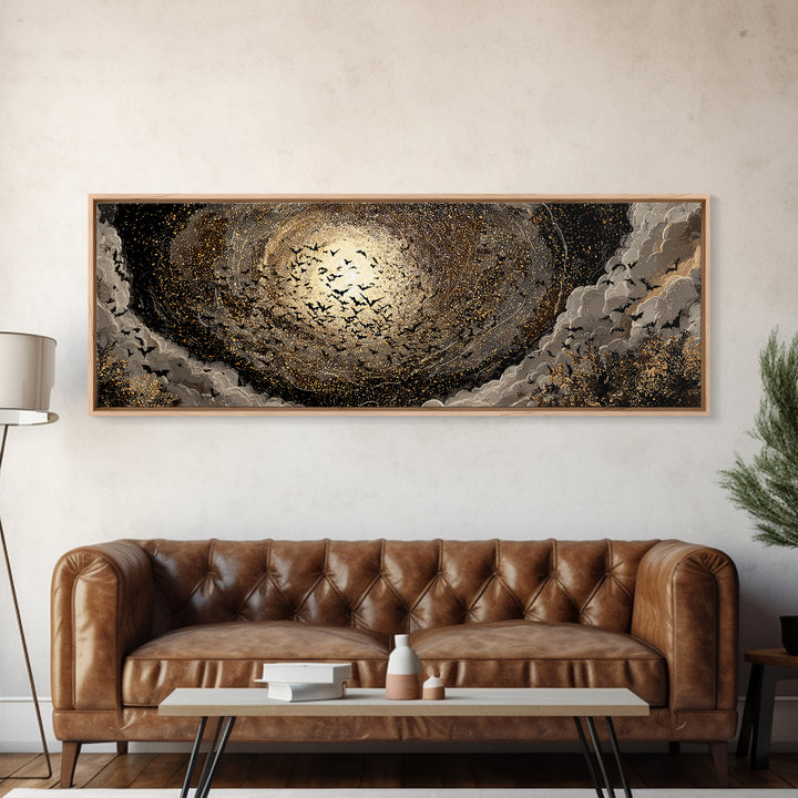 The Golden Bat Swarm - Surreal Celestial Vision, Gothic Home Decor, Extra Wide Wall Art, Canvas Print, Halloween Home Decor, Gothic Wall Art