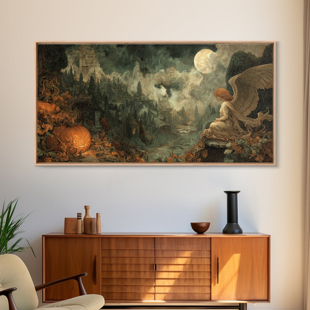 The Pumpkin-Winged Angel - Environmental Panorama, Dark Fantasy Wall Art, Wide Panoramic Art, Canvas Print, Halloween Home Decor