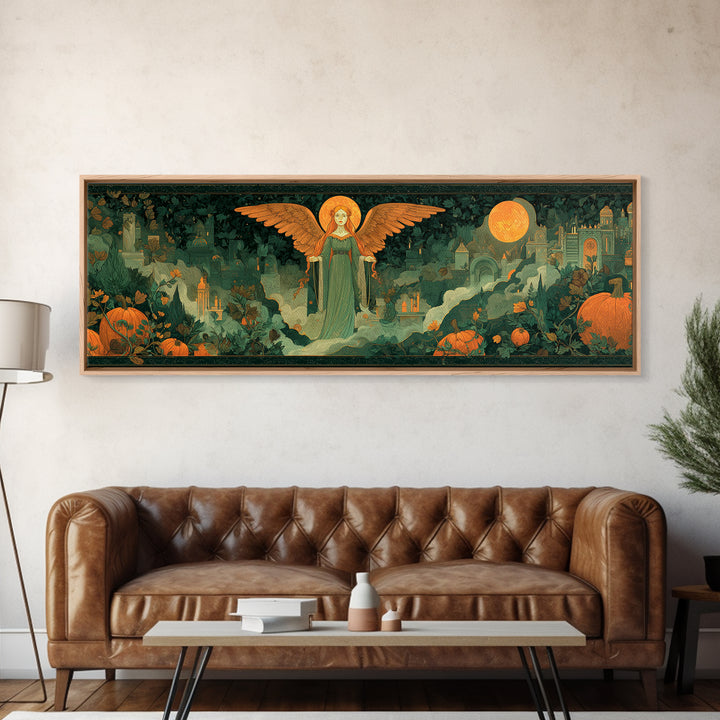 The Pumpkin-Winged Angel - Environmental Panorama, Occult Wall Decor, Extra Wide Wall Art, Canvas Print, Halloween Home Decor