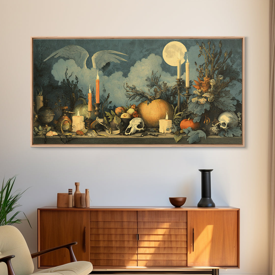 The Pumpkin-Winged Angel - Occult Still Life, Spooky Wall Decor, Wide Panoramic Art, Framed Canvas Print, Halloween Home Decor