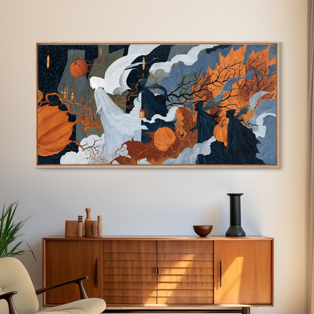 The Pumpkin-Winged Angel - Procession Scene, Macabre Halloween Art, Wide Panoramic Art, Framed Canvas Print, Halloween Home Decor