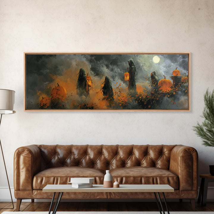 The Pumpkin-Winged Angel - Procession Scene, Macabre Halloween Art, Extra Wide Wall Art, Framed Canvas Print, Halloween Home Decor