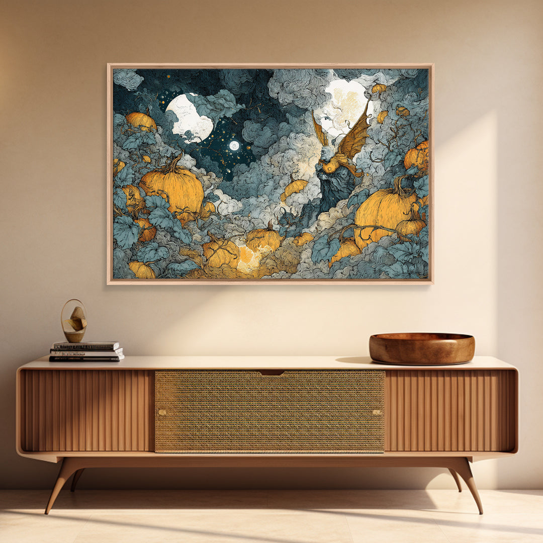The Pumpkin-Winged Angel - Surreal Celestial Vision, Spooky Wall Decor, Landscape Wall Art, Framed Canvas Print, Halloween Home Decor