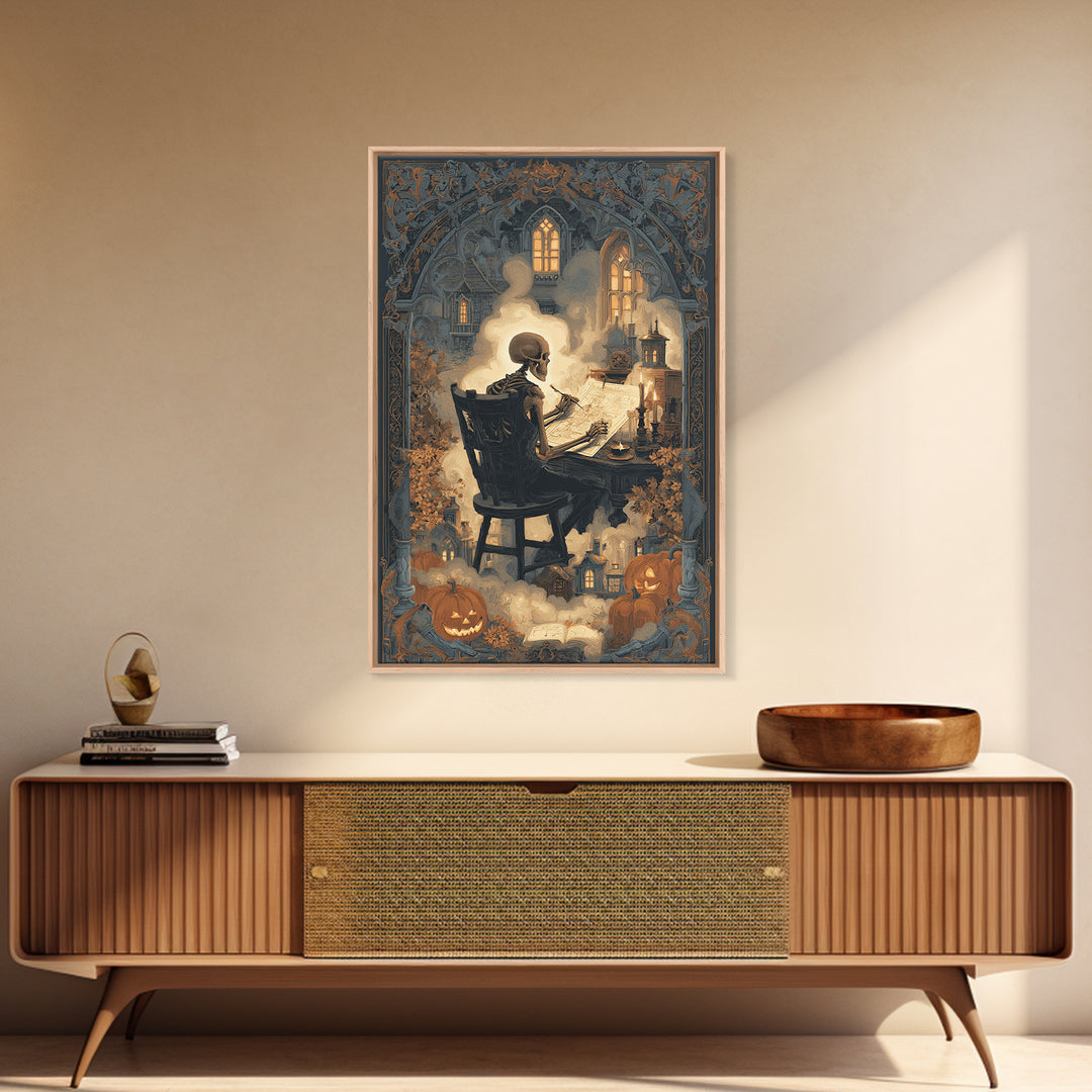 The Skeleton Cartographer - Icon Portrait, Halloween Wall Art, Vertical Wall Art, Framed Canvas Print, Halloween Home Decor, Gothic Wall Art