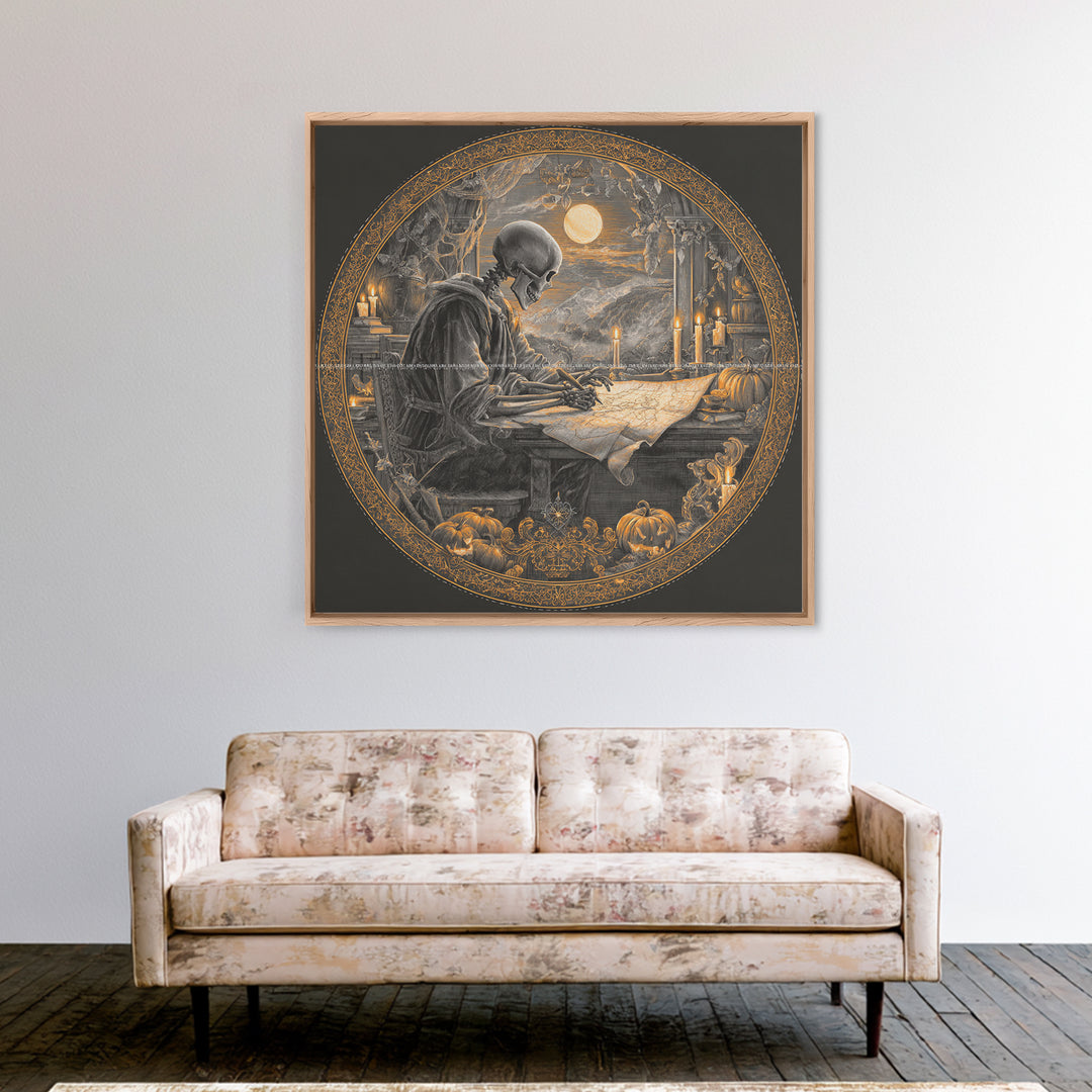 The Skeleton Cartographer - Icon Portrait, Macabre Halloween Art, Square Wall Art, Framed Canvas Print, Halloween Home Decor