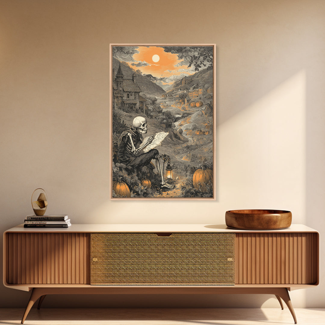 The Skeleton Cartographer - Environmental Panorama, Gothic Home Decor, Vertical Wall Art, Canvas Print, Halloween Home Decor