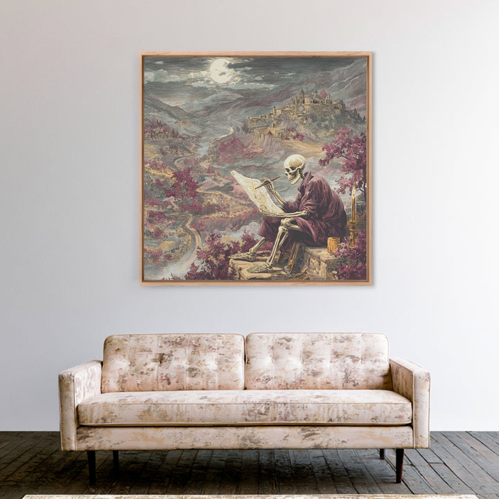 The Skeleton Cartographer - Environmental Panorama, Halloween Wall Art, Square Wall Art, Framed Canvas Print, Halloween Home Decor