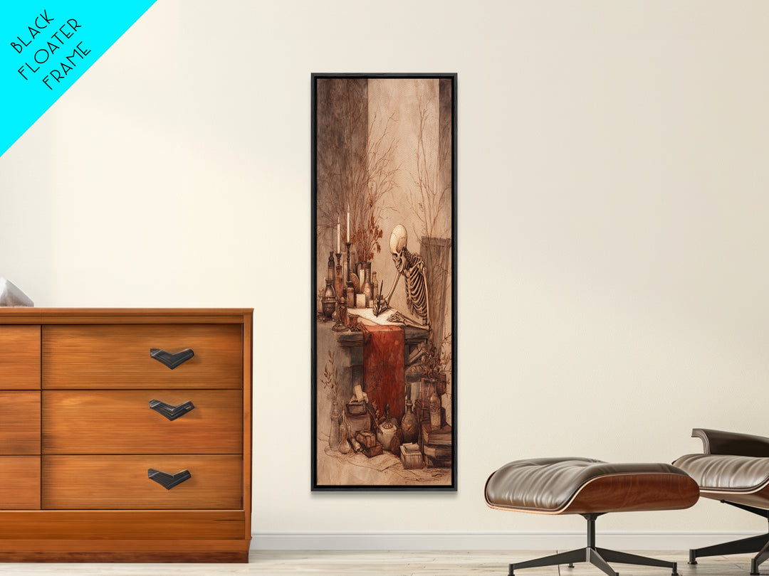 The Skeleton Cartographer - Occult Still Life, Macabre Halloween Art, Vertical Wall Art, Framed Canvas Print, Halloween Home Decor