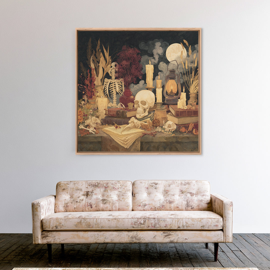The Skeleton Cartographer - Occult Still Life, Macabre Halloween Art, Square Wall Art, Framed Canvas Print, Halloween Home Decor