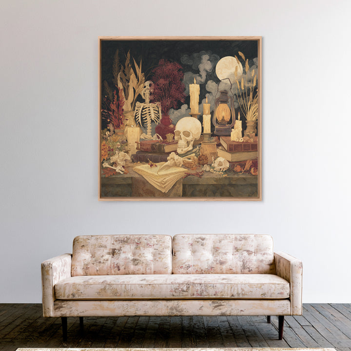 The Skeleton Cartographer - Occult Still Life, Macabre Halloween Art, Square Wall Art, Framed Canvas Print, Halloween Home Decor