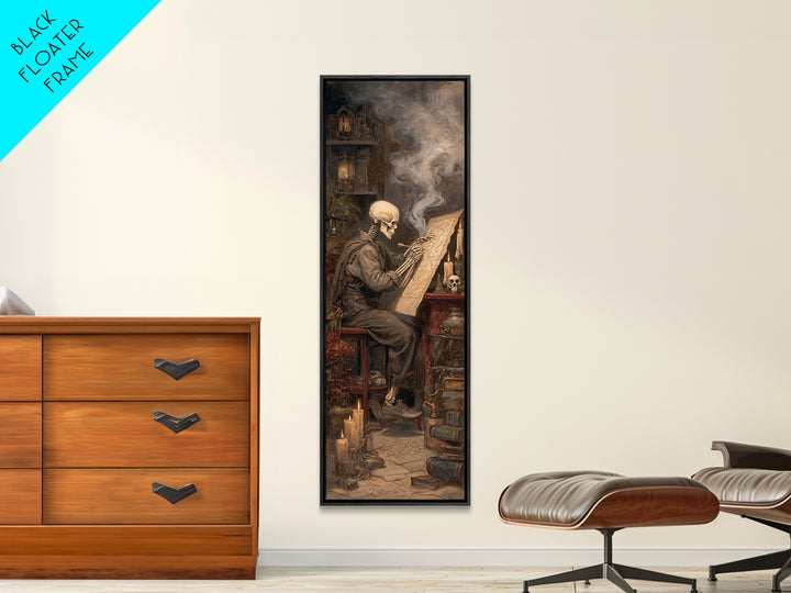 The Skeleton Cartographer - Occult Still Life, Halloween Wall Art, Tall Narrow Wall Art, Framed Canvas Print, Halloween Home Decor