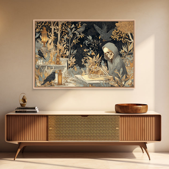 The Skeleton Cartographer - Procession Scene, Halloween Wall Art, Landscape Wall Art, Framed Canvas Print, Halloween Home Decor