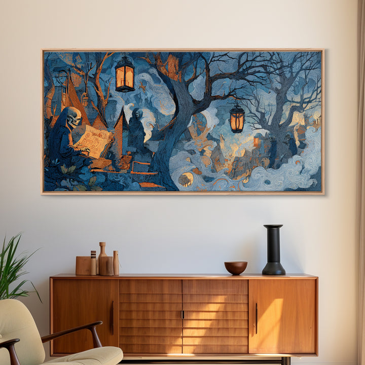 The Skeleton Cartographer - Procession Scene, Macabre Halloween Art, Wide Panoramic Art, Framed Canvas Print, Halloween Home Decor