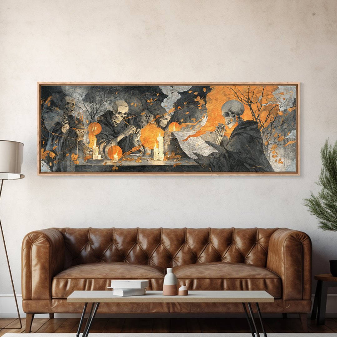 The Skeleton Cartographer - Procession Scene, Gothic Home Decor, Extra Wide Wall Art, Canvas Print, Halloween Home Decor, Gothic Wall Art