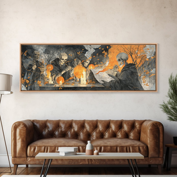 The Skeleton Cartographer - Procession Scene, Gothic Home Decor, Extra Wide Wall Art, Canvas Print, Halloween Home Decor, Gothic Wall Art