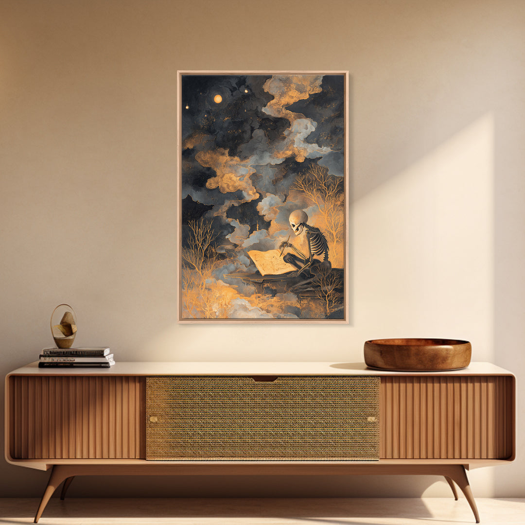The Skeleton Cartographer - Surreal Celestial Vision, Gothic Home Decor, Vertical Wall Art, Canvas Print, Halloween Home Decor