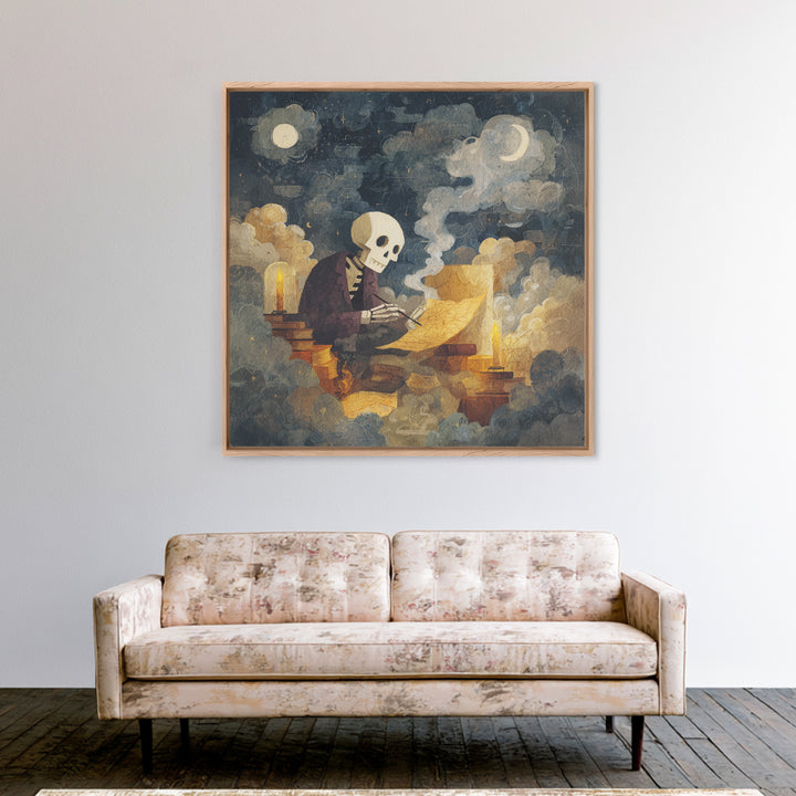 The Skeleton Cartographer - Surreal Celestial Vision, Macabre Halloween Art, Square Wall Art, Framed Canvas Print, Halloween Home Decor
