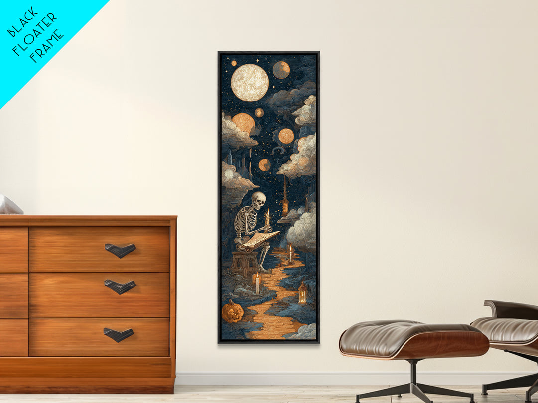 The Skeleton Cartographer - Surreal Celestial Vision, Halloween Wall Art, Tall Narrow Wall Art, Framed Canvas Print, Halloween Home Decor