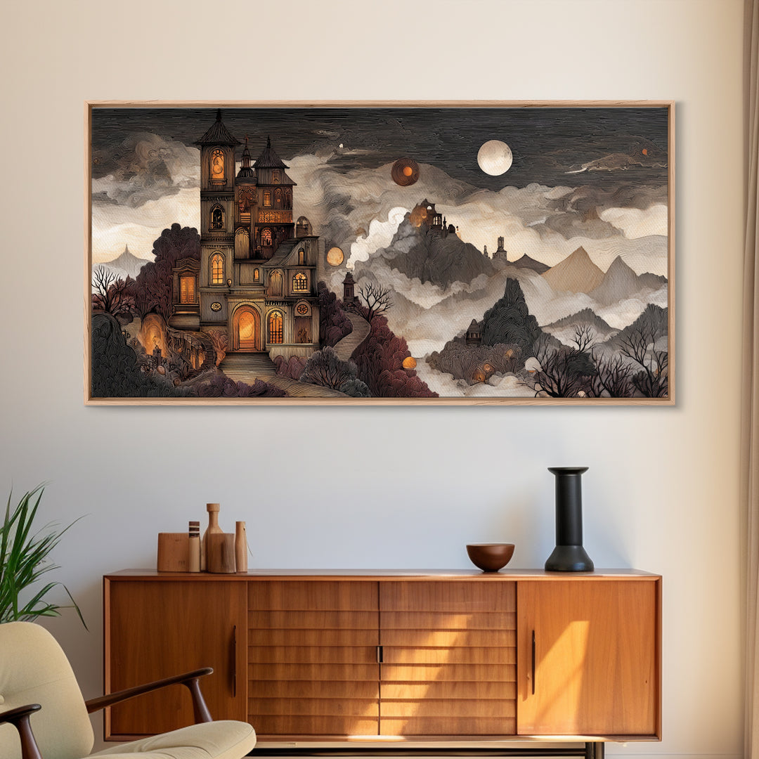 The Witch Astronomical Cabinet - Environmental Panorama, Halloween Wall Art, Wide Panoramic Art, Framed Canvas Print, Halloween Home Decor