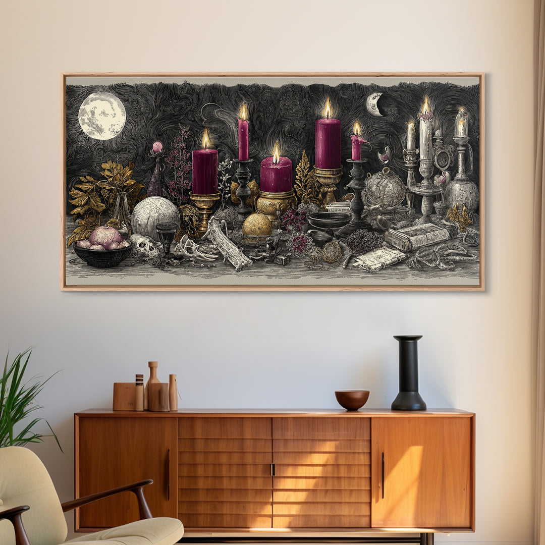 The Witch Astronomical Cabinet - Occult Still Life, Macabre Halloween Art, Wide Panoramic Art, Framed Canvas Print, Halloween Home Decor