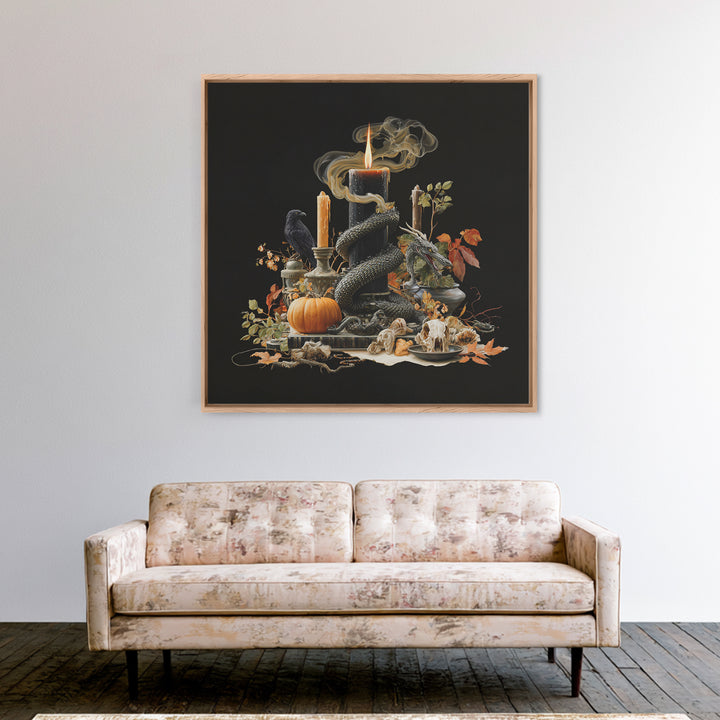 The Candle Smoke Dragon - Occult Still Life, Spooky Wall Decor, Square Wall Art, Framed Canvas Print, Halloween Home Decor, Gothic Wall Art