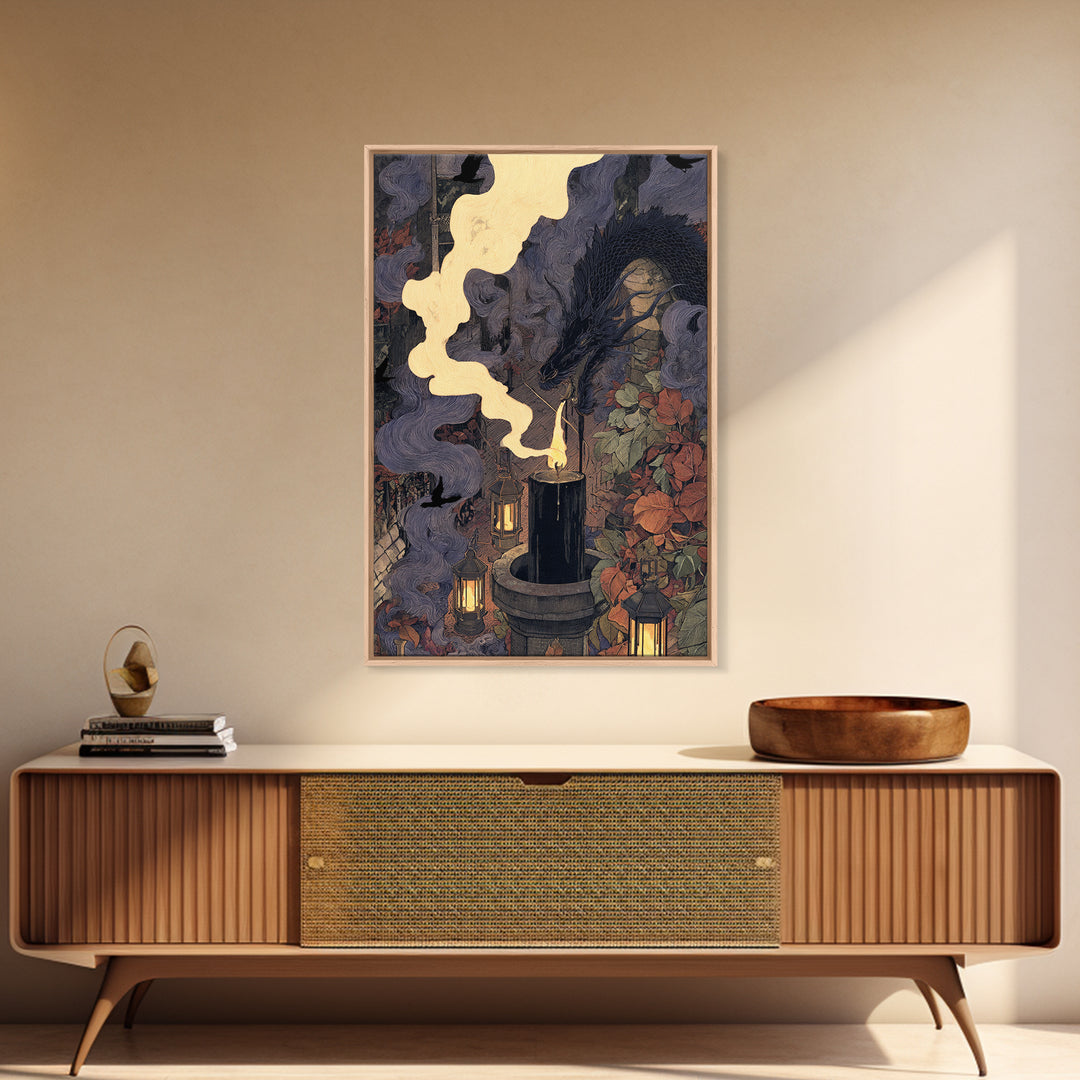 The Candle Smoke Dragon - Procession Scene, Occult Wall Decor, Vertical Wall Art, Canvas Print, Halloween Home Decor, Gothic Wall Art