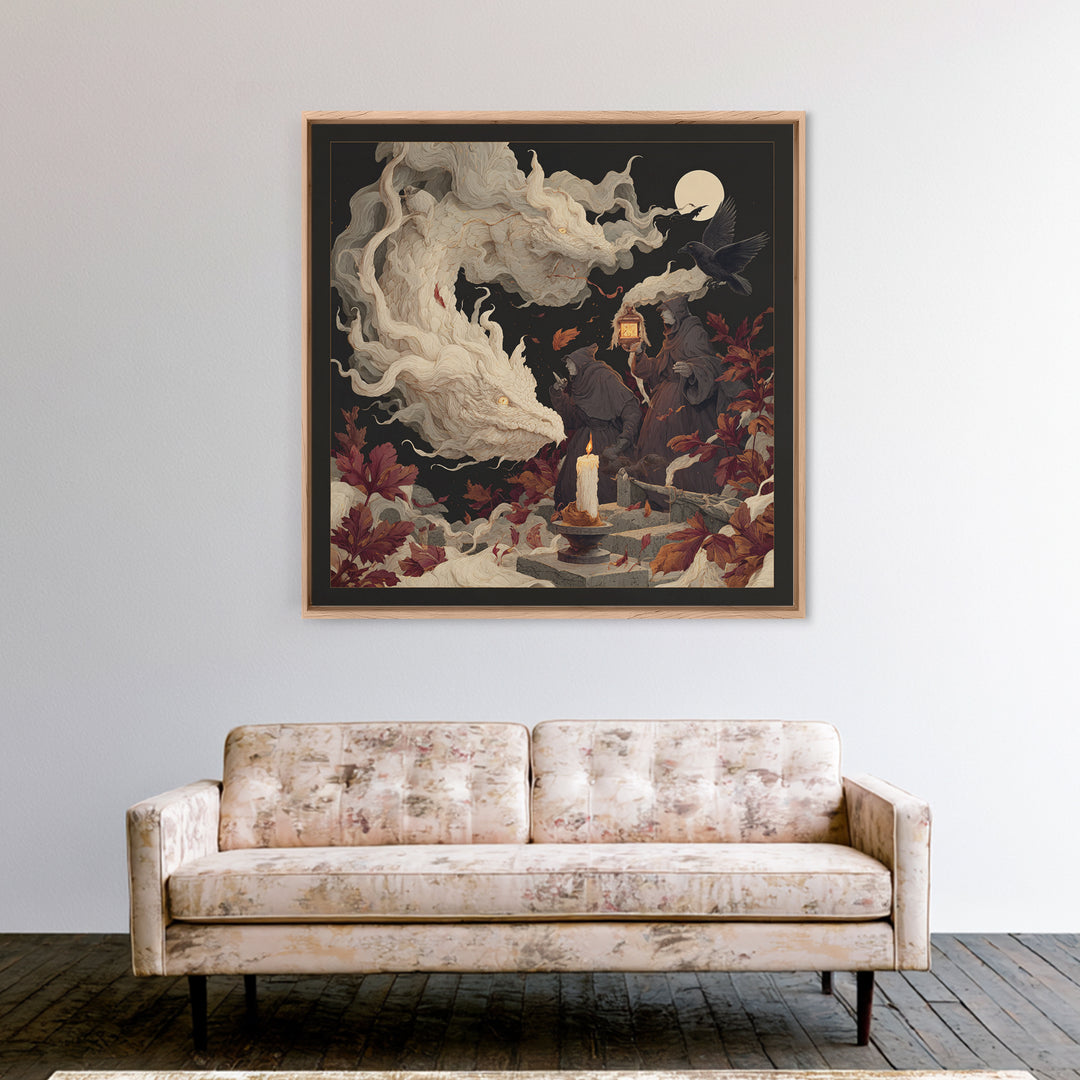 The Candle Smoke Dragon - Procession Scene, Spooky Wall Decor, Square Wall Art, Framed Canvas Print, Halloween Home Decor, Gothic Wall Art