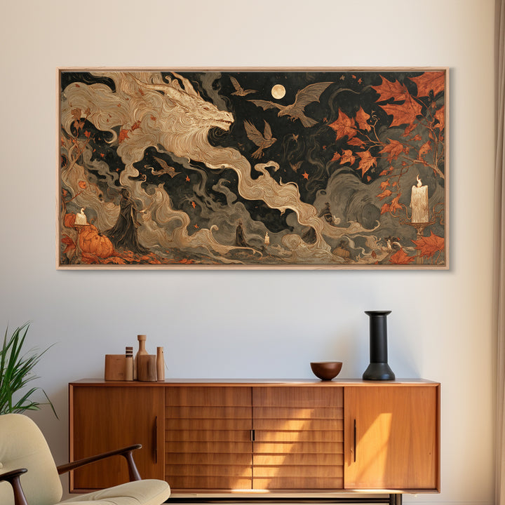 The Candle Smoke Dragon - Procession Scene, Dark Fantasy Wall Art, Wide Panoramic Art, Canvas Print, Halloween Home Decor, Gothic Wall Art