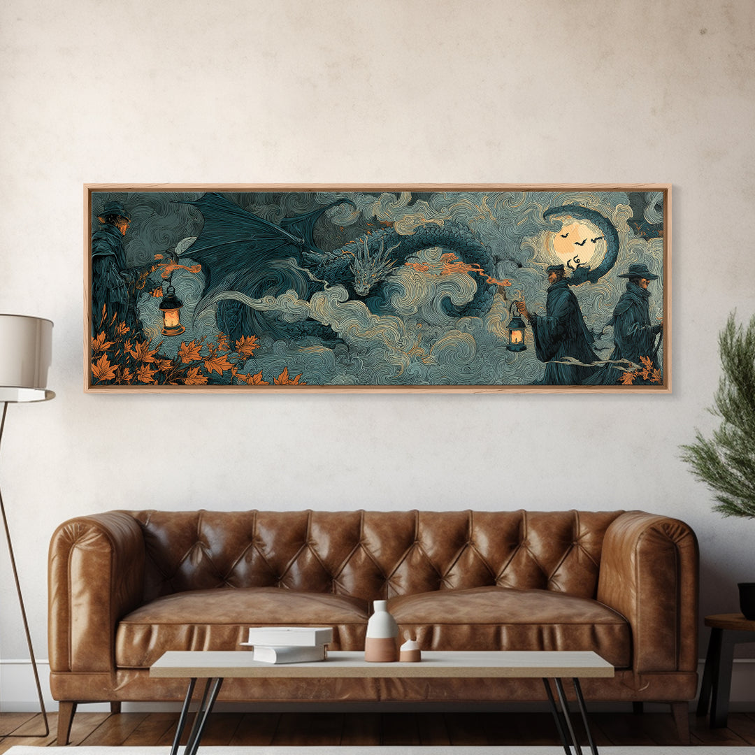 The Candle Smoke Dragon - Procession Scene, Halloween Wall Art, Extra Wide Wall Art, Framed Canvas Print, Halloween Home Decor