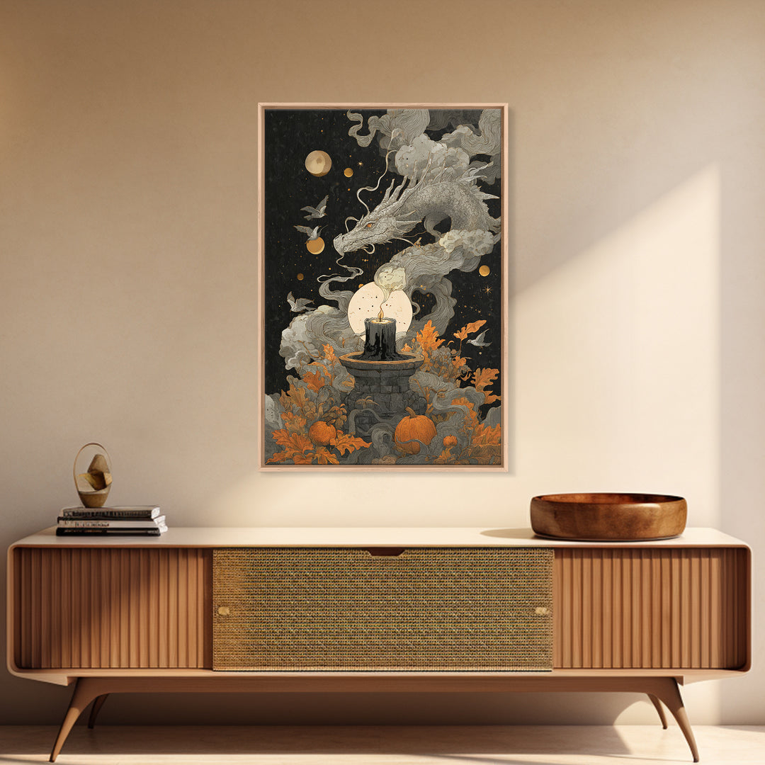 The Candle Smoke Dragon - Surreal Celestial Vision, Dark Fantasy Wall Art, Vertical Wall Art, Canvas Print, Halloween Home Decor
