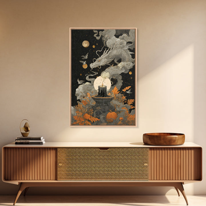 The Candle Smoke Dragon - Surreal Celestial Vision, Dark Fantasy Wall Art, Vertical Wall Art, Canvas Print, Halloween Home Decor