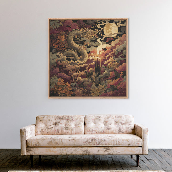 The Candle Smoke Dragon - Surreal Celestial Vision, Macabre Halloween Art, Square Wall Art, Framed Canvas Print, Halloween Home Decor