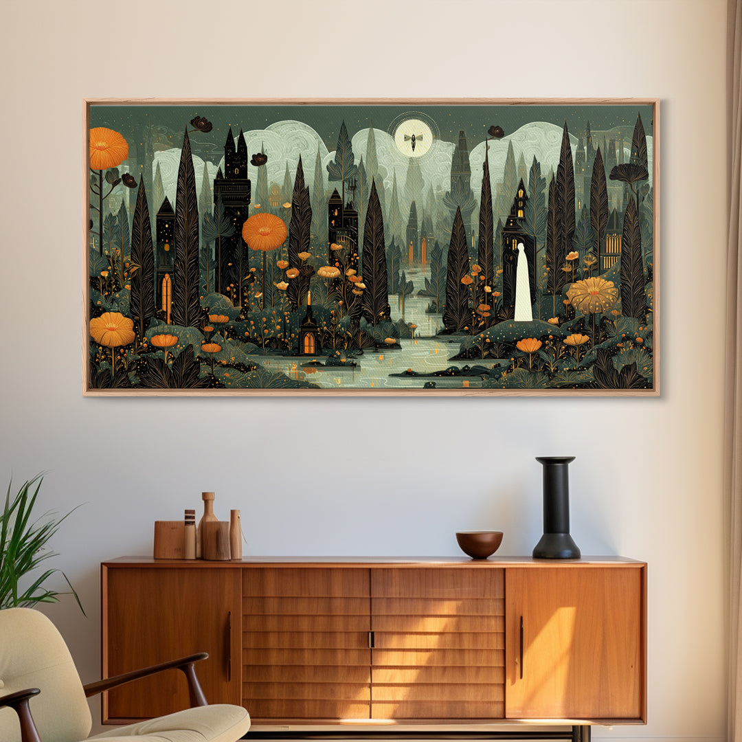 The Mourning Moth Halo - Environmental Panorama, Dark Fantasy Wall Art, Wide Panoramic Art, Canvas Print, Halloween Home Decor