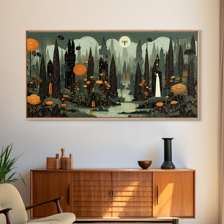 The Mourning Moth Halo - Environmental Panorama, Dark Fantasy Wall Art, Wide Panoramic Art, Canvas Print, Halloween Home Decor