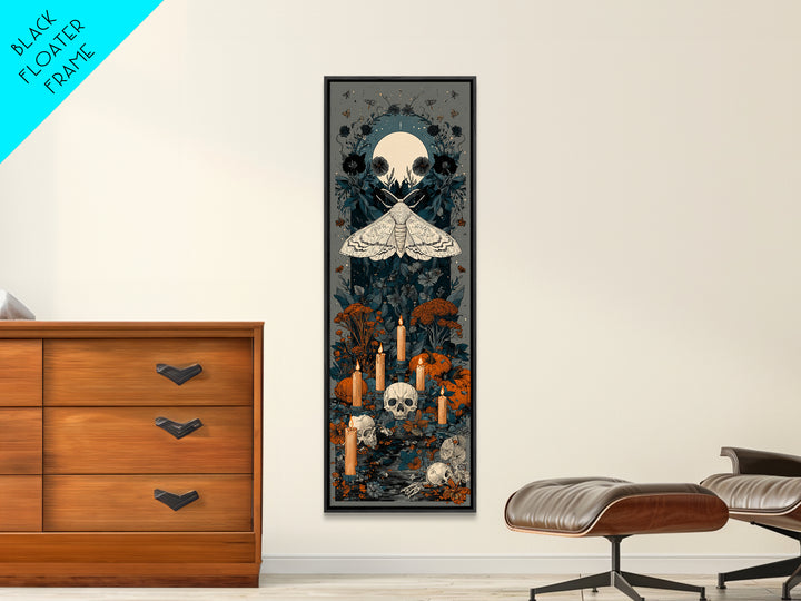 The Mourning Moth Halo - Occult Still Life, Macabre Halloween Art, Tall Narrow Wall Art, Framed Canvas Print, Halloween Home Decor