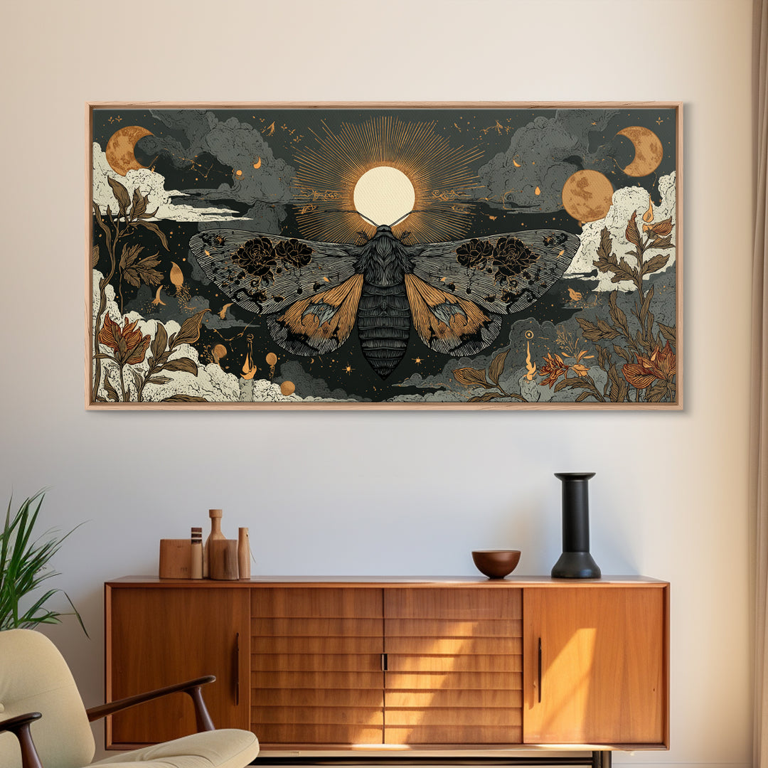 The Mourning Moth Halo - Surreal Celestial Vision, Macabre Halloween Art, Wide Panoramic Art, Framed Canvas Print, Halloween Home Decor