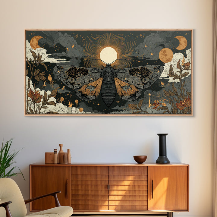 The Mourning Moth Halo - Surreal Celestial Vision, Macabre Halloween Art, Wide Panoramic Art, Framed Canvas Print, Halloween Home Decor