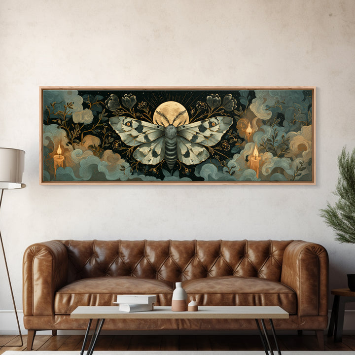 The Mourning Moth Halo - Surreal Celestial Vision, Gothic Home Decor, Extra Wide Wall Art, Canvas Print, Halloween Home Decor