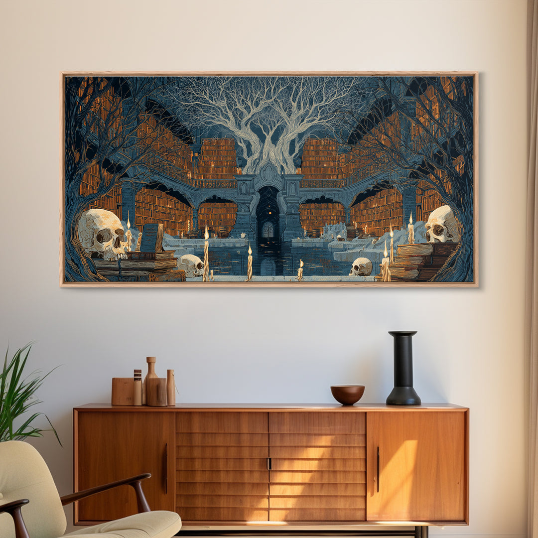 The Catacomb Library - Icon Portrait, Spooky Wall Decor, Wide Panoramic Art, Framed Canvas Print, Halloween Home Decor, Gothic Wall Art