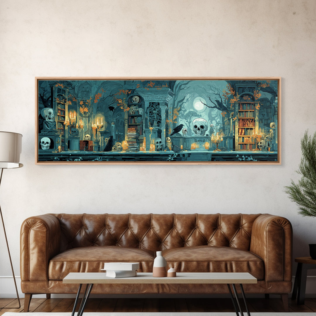 The Catacomb Library - Icon Portrait, Spooky Wall Decor, Extra Wide Wall Art, Framed Canvas Print, Halloween Home Decor, Gothic Wall Art