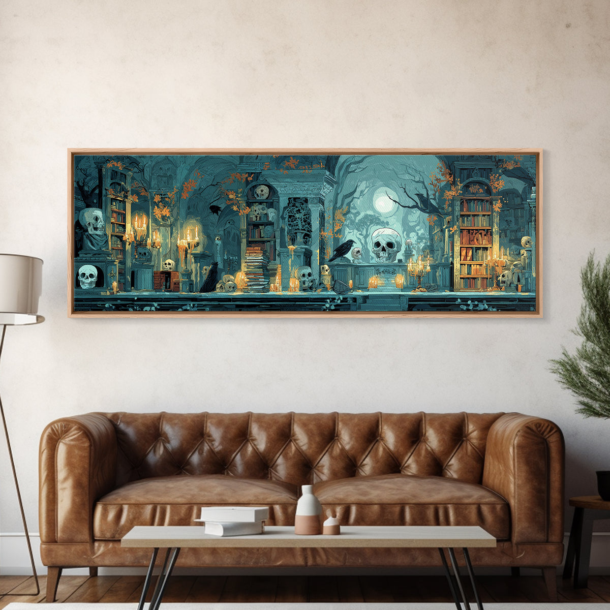 The Catacomb Library - Icon Portrait, Spooky Wall Decor, Extra Wide Wall Art, Framed Canvas Print, Halloween Home Decor, Gothic Wall Art