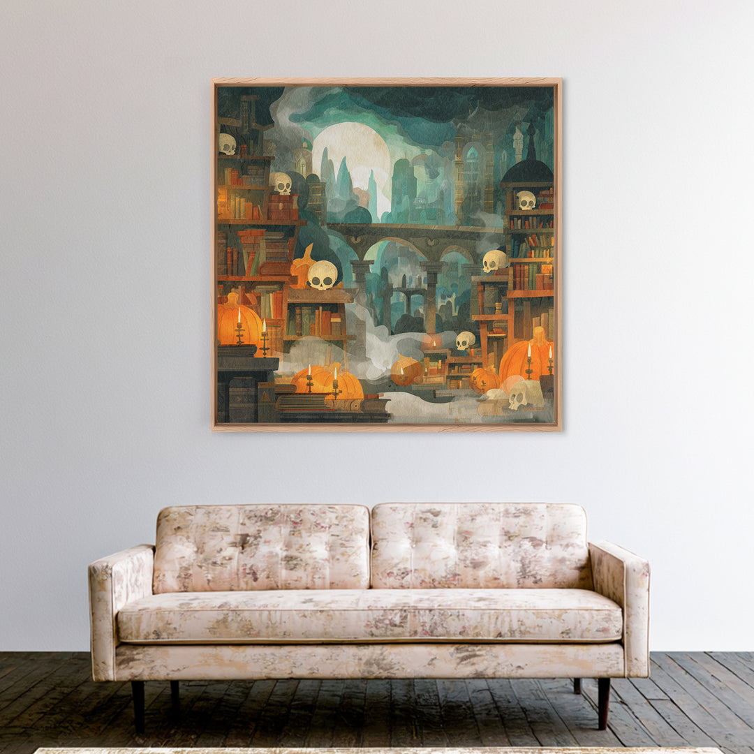 The Catacomb Library - Environmental Panorama, Macabre Halloween Art, Square Wall Art, Framed Canvas Print, Halloween Home Decor