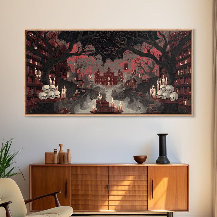The Catacomb Library - Environmental Panorama, Macabre Halloween Art, Wide Panoramic Art, Framed Canvas Print, Halloween Home Decor