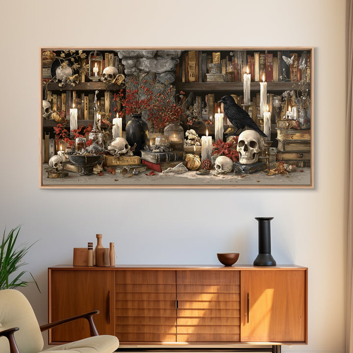 The Catacomb Library - Occult Still Life, Halloween Wall Art, Wide Panoramic Art, Framed Canvas Print, Halloween Home Decor, Gothic Wall Art