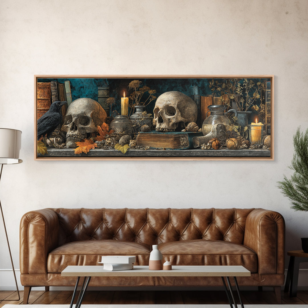 The Catacomb Library - Occult Still Life, Occult Wall Decor, Extra Wide Wall Art, Canvas Print, Halloween Home Decor, Gothic Wall Art