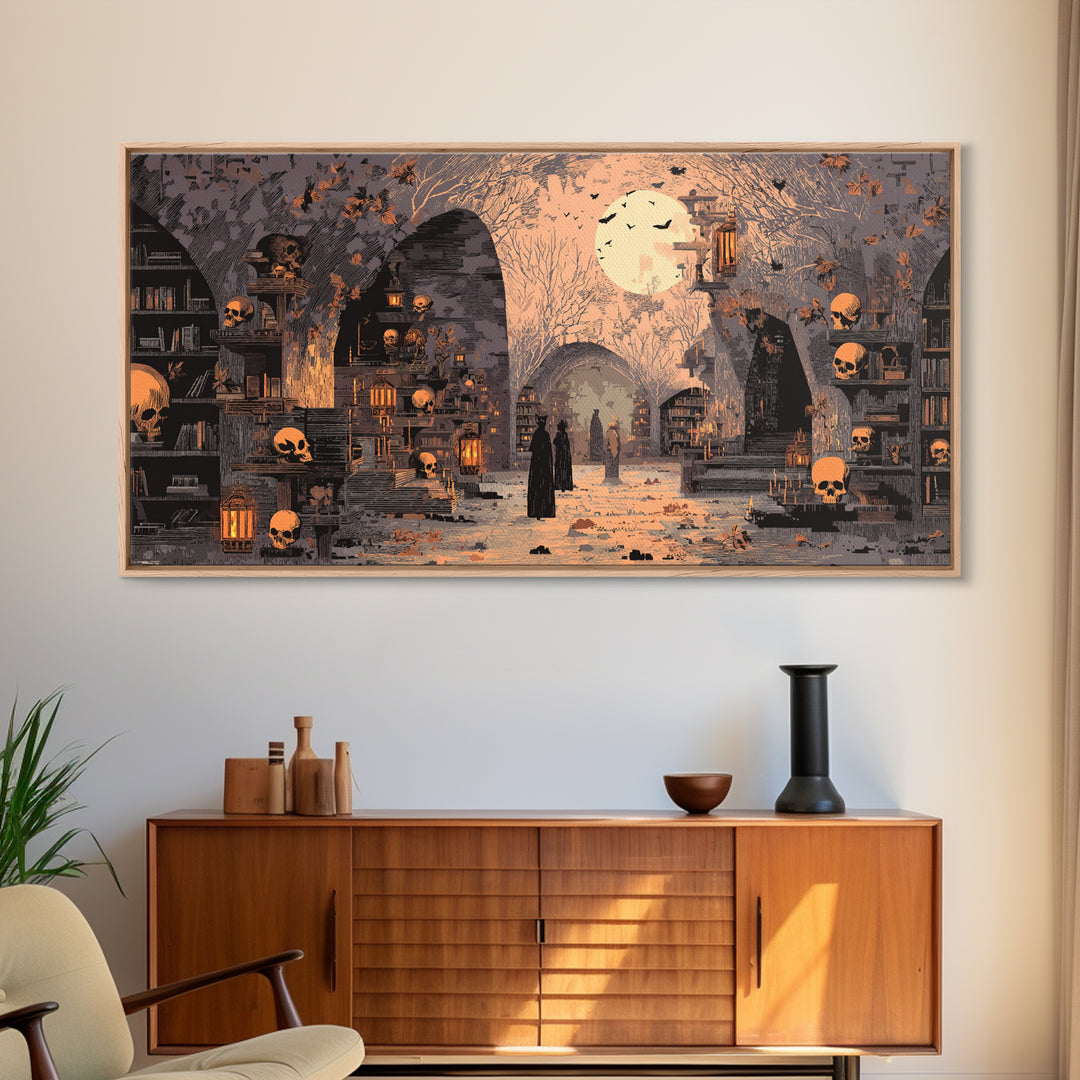 The Catacomb Library - Procession Scene, Occult Wall Decor, Wide Panoramic Art, Canvas Print, Halloween Home Decor, Gothic Wall Art